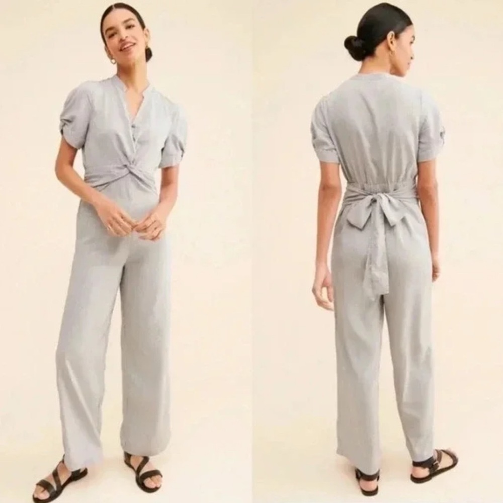 EUC Anthropologie Current Air That's A Wrap pinstrip jumpsuit SMALL‎ puff sleeve